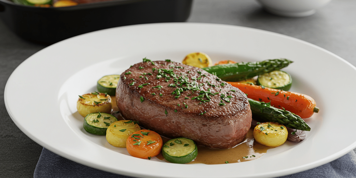 Filet mignon sans gluten et sans lactose aux herbes et légumes rôtis