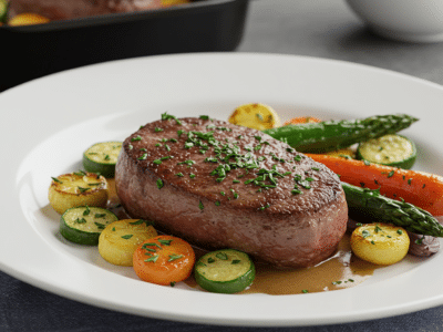 Filet mignon sans gluten et sans lactose aux herbes et légumes rôtis