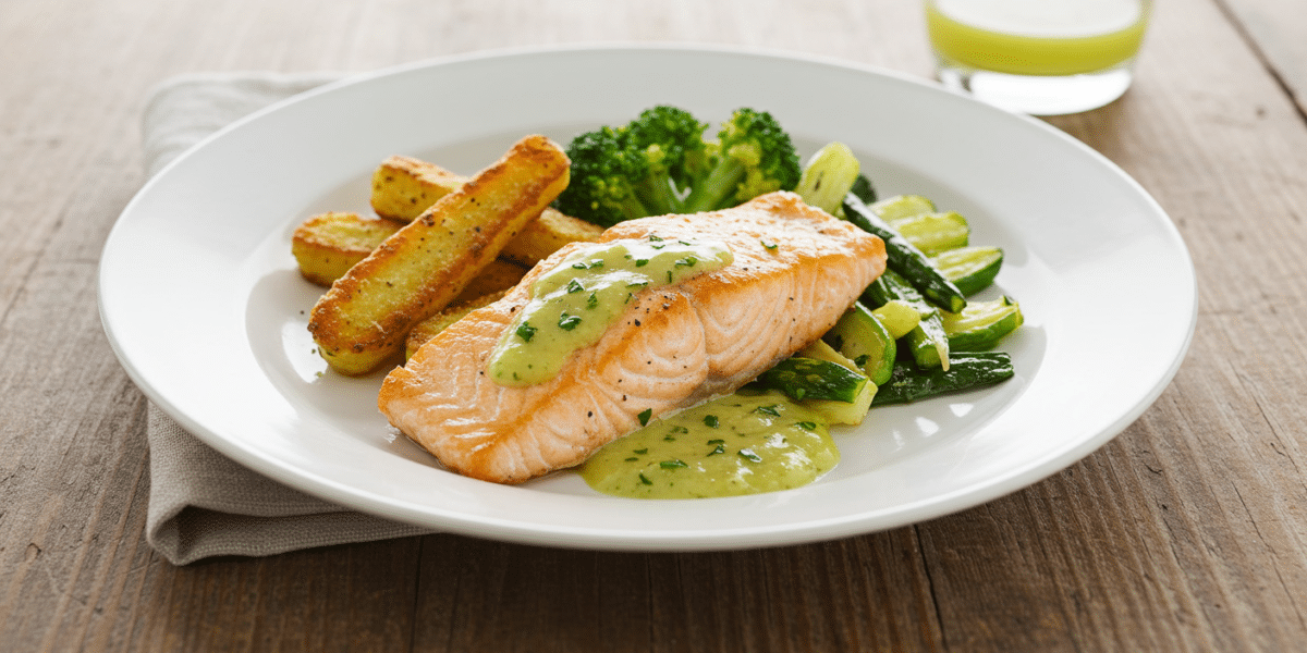 Filets de saumon grillés sans gluten avec sauce citronnée et légumes vapeur