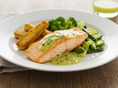 Filets de saumon grillés sans gluten avec sauce citronnée et légumes vapeur