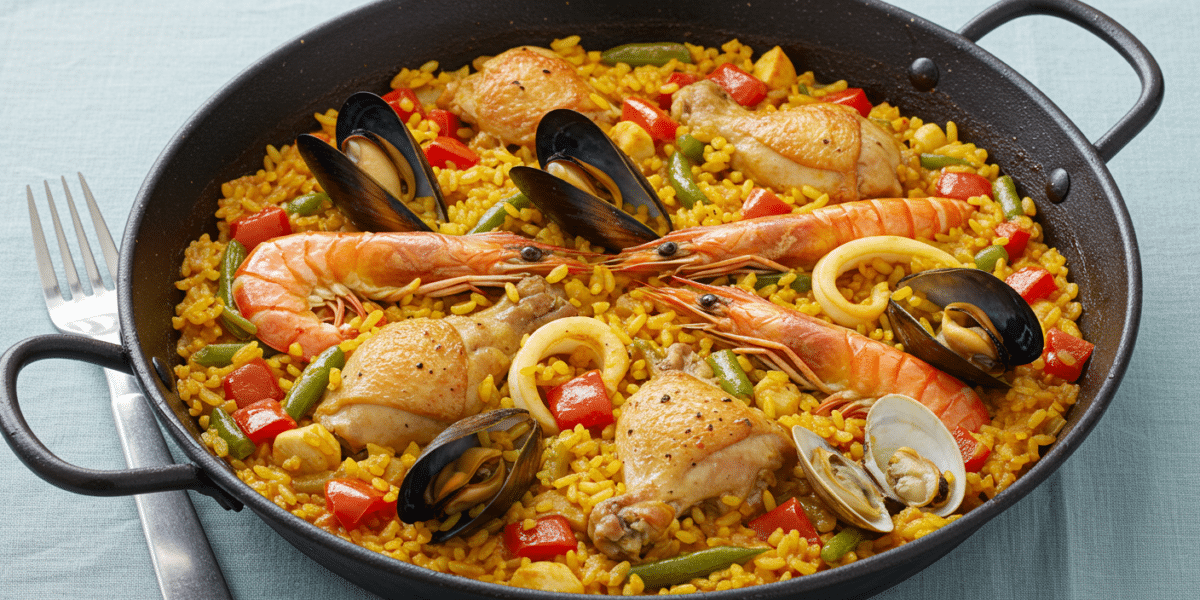 Paella traditionnelle sans gluten au poulet et fruits de mer