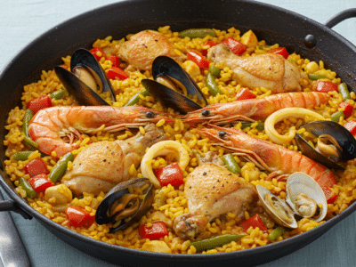 Paella traditionnelle sans gluten au poulet et fruits de mer