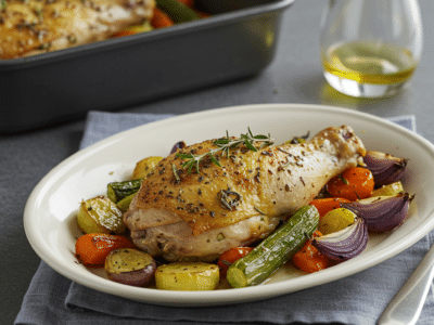 Poulet savoureux sans gluten aux herbes et légumes rôtis