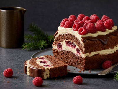 Bûche de Noël sans lactose aux fruits rouges et chocolat
