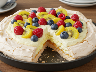 Pavlova sans lactose : meringue croquante et crème légère aux fruits frais