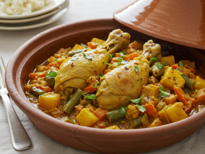 Tajine marocain sans gluten aux légumes et poulet