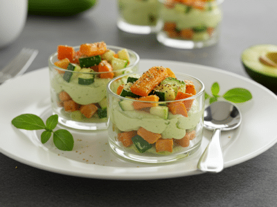 Verrine légère et savoureuse sans lactose aux légumes frais et mousse d&rsquo;avocat