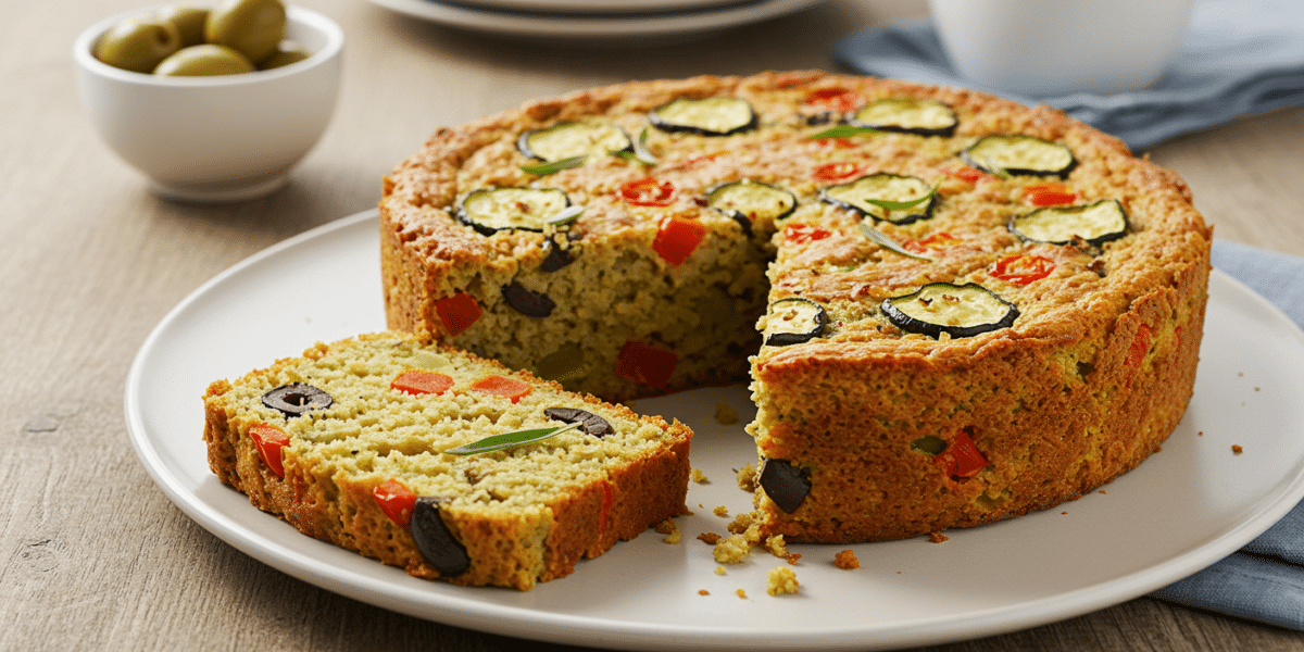 Cake salé sans œuf ni beurre aux légumes et olives