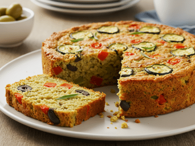 Cake salé sans œuf ni beurre aux légumes et olives