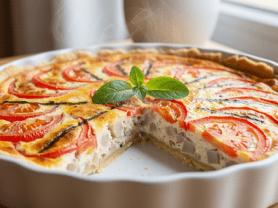 Quiche sans pâte au thon, tomate et moutarde