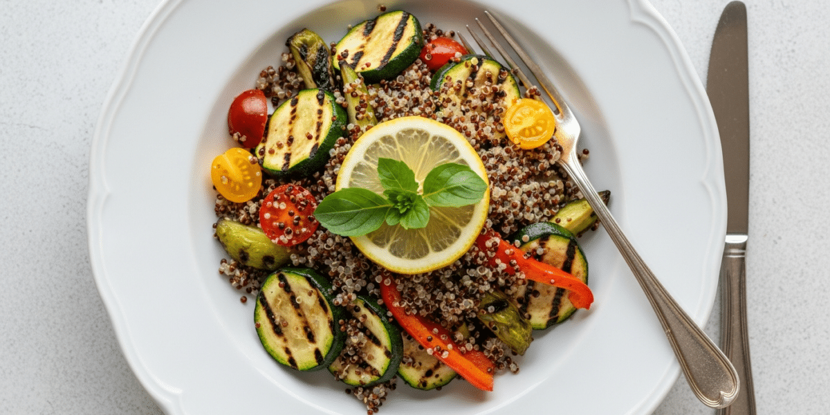 Salade tiède de légumes grillés et quinoa, entrée sans poisson ni crustacés
