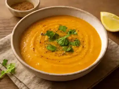 Soupe de lentilles corail sans gluten — veloutée au cumin et citron