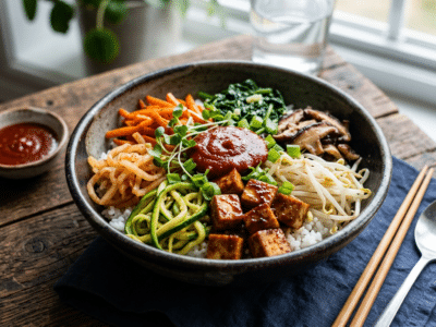 Bibimbap coréen végétalien sans œufs ni sésame