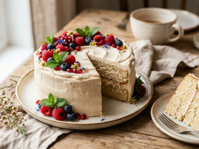 Gâteau festif sans gluten, sans œuf, sans lait et sans fruits à coque