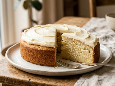 Gâteau moelleux à la vanille sans fruits à coque, sans arachides et sans soja