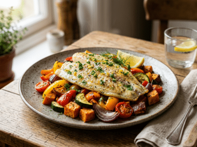 Lieu noir aux légumes colorés sans gluten ni lactose