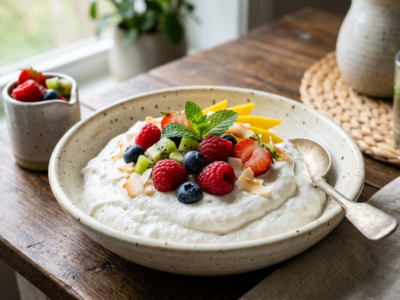 Mousse légère au lait de coco et fruits frais, dessert pour allergiques multiples