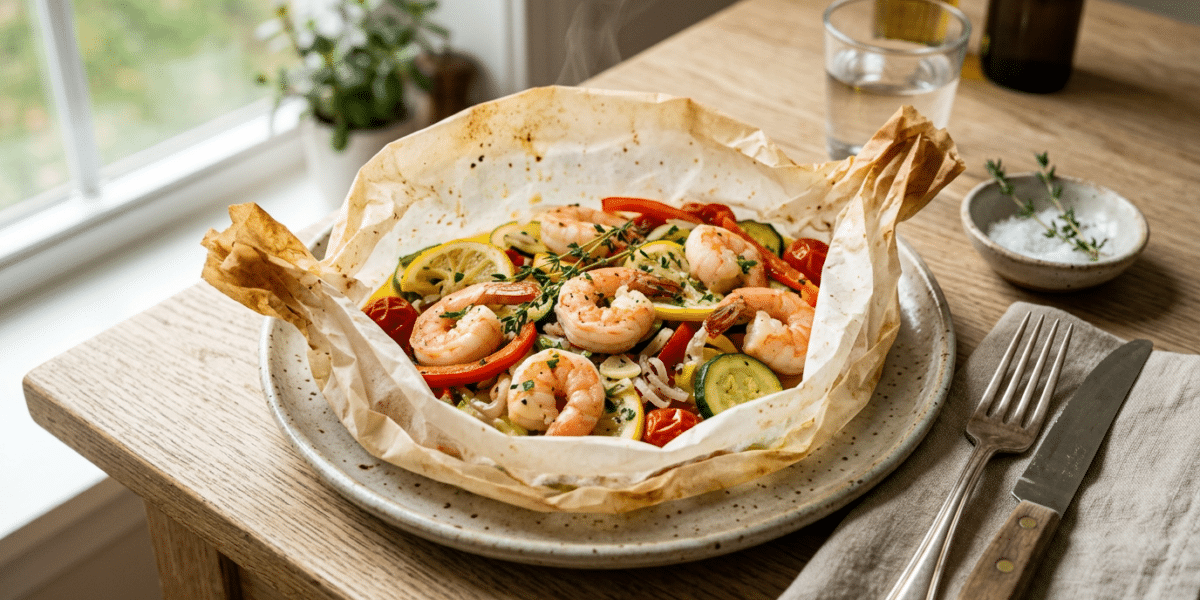 Papillote de crevettes sans lactose et sans gluten