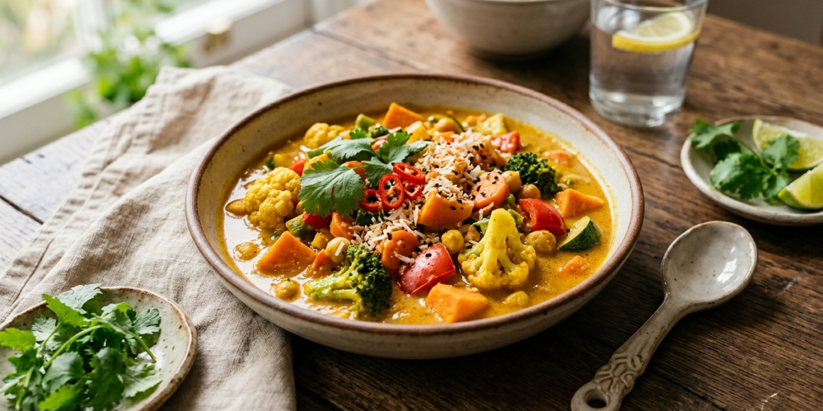 Recette végane de curry de légumes sans fruits à coque ni soja