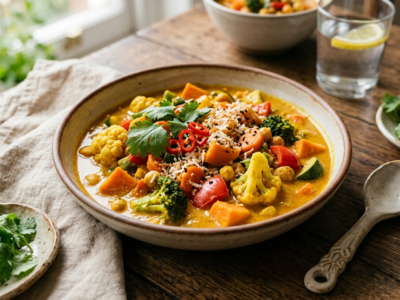 Recette végane de curry de légumes sans fruits à coque ni soja