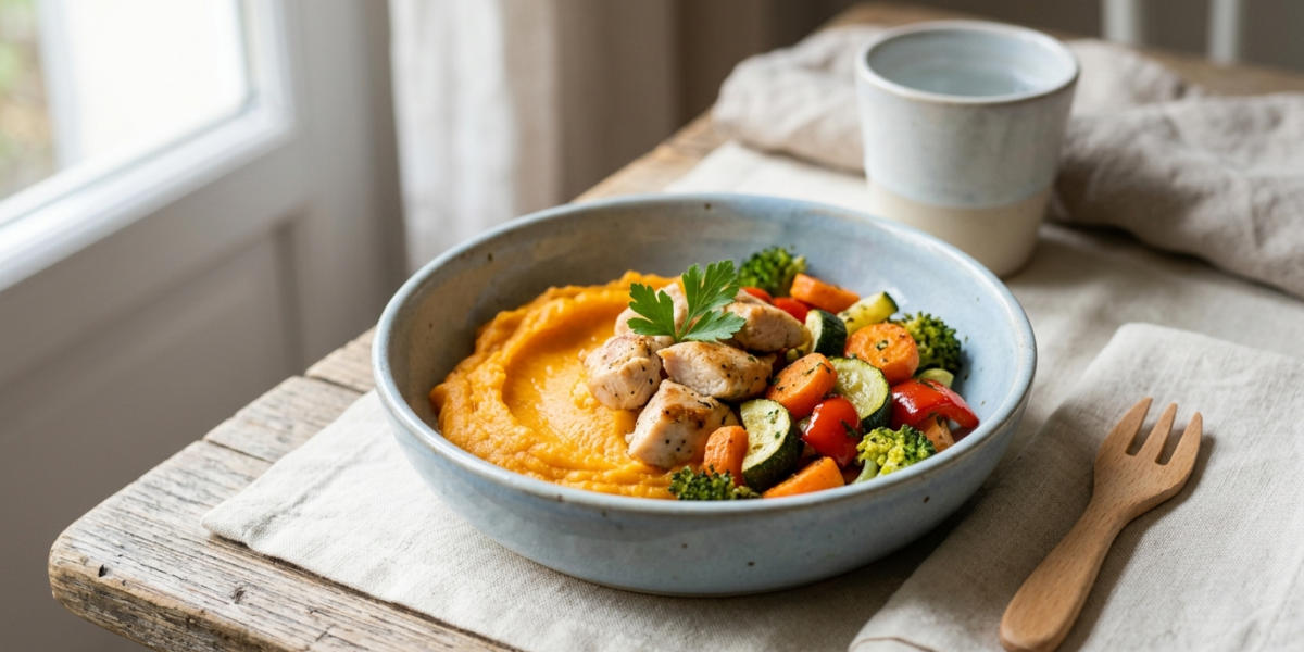 Repas enfant sans allergènes multiples : Poulet aux légumes doux et purée de patates douces