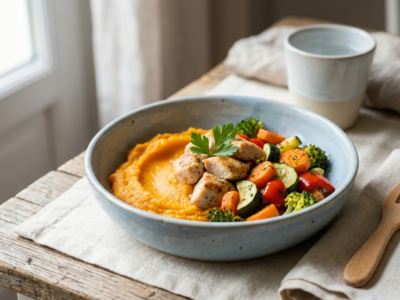 Repas enfant sans allergènes multiples : Poulet aux légumes doux et purée de patates douces