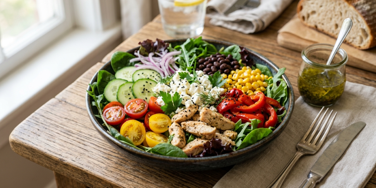 Salade composée fraîche et équilibrée sans fruits à coque ni arachides