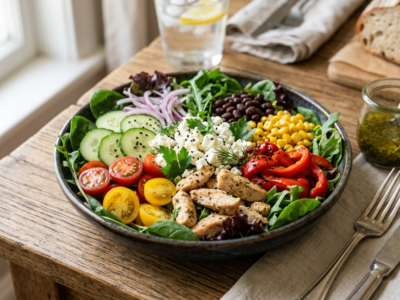Salade composée fraîche et équilibrée sans fruits à coque ni arachides