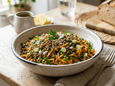 Salade de lentilles vertes aux carottes, sans gluten et sans œuf