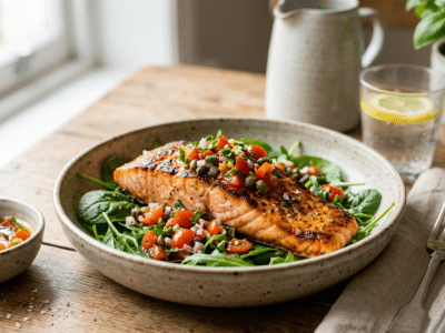 Saumon grillé accompagné d&rsquo;une sauce vierge sans gluten