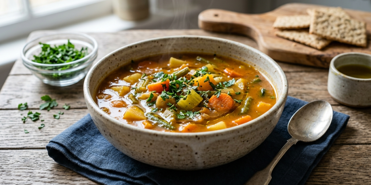 Soupe traditionnelle aux légumes sans gluten, sans lactose et sans soja