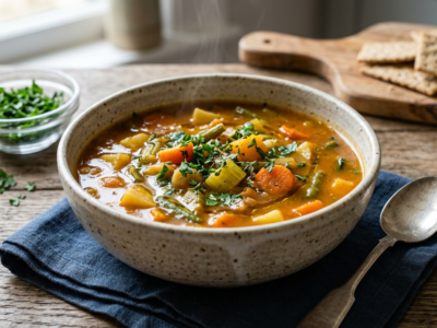 Soupe traditionnelle aux légumes sans gluten, sans lactose et sans soja