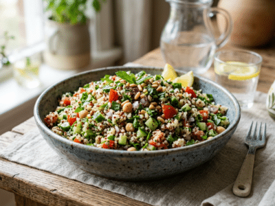 Taboulé de quinoa sans gluten aux légumes frais et herbes aromatiques