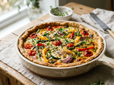 Tarte sans gluten, sans œuf et sans lactose aux légumes de saison