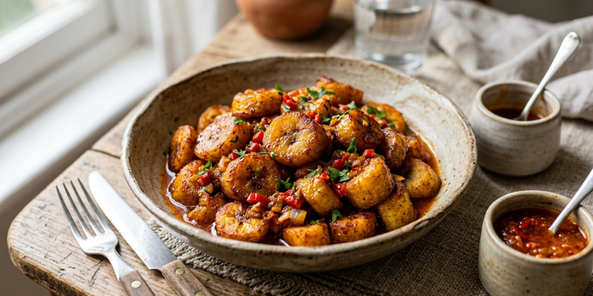 Alloco sans œufs : bananes plantains frites à la sauce épicée