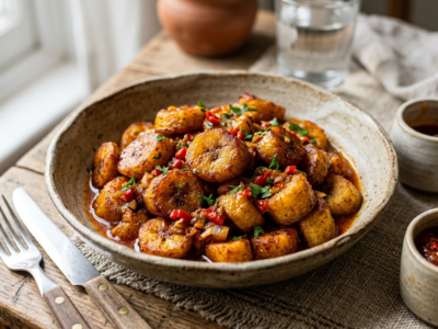 Alloco sans œufs : bananes plantains frites à la sauce épicée