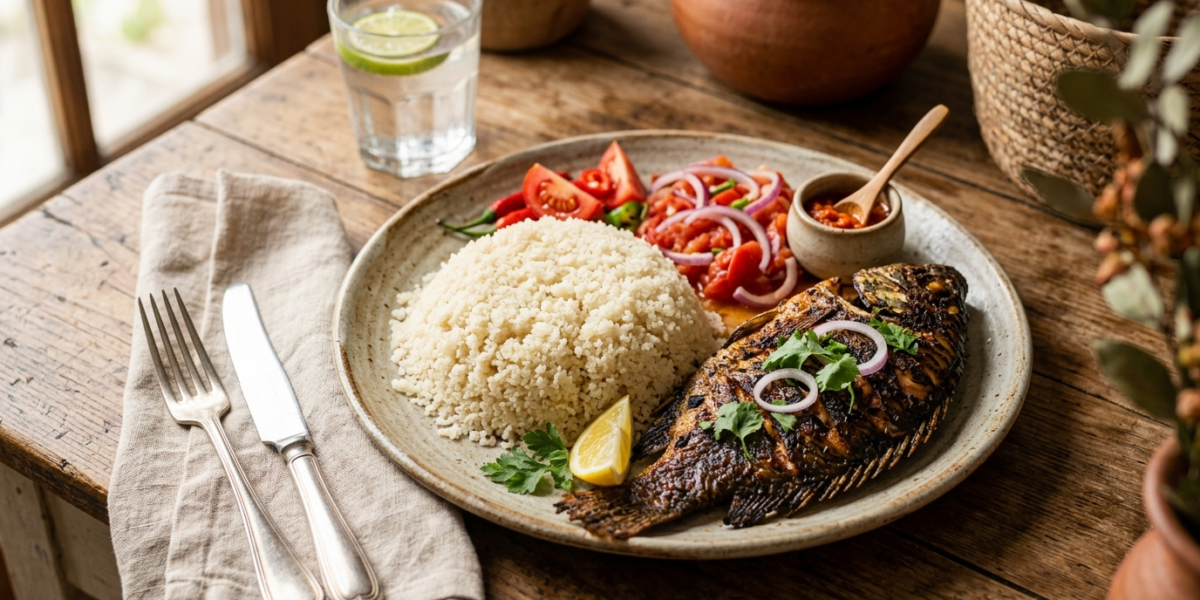 Attiéké au poisson grillé sans lactose et sans gluten