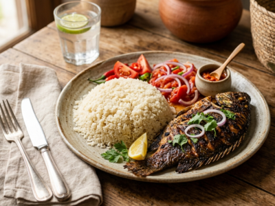 Attiéké au poisson grillé sans lactose et sans gluten