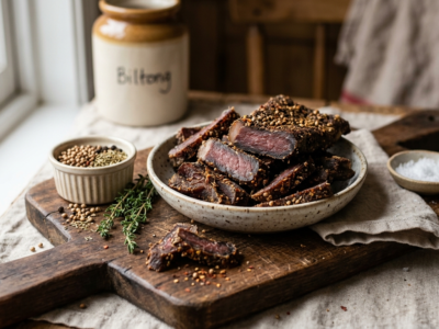 Biltong maison sans gluten : viande séchée épicée et savoureuse
