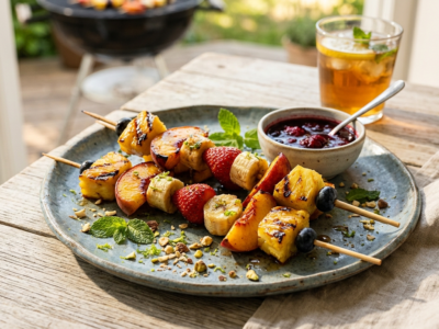 Brochettes de fruits barbecue sans gluten et sans lactose