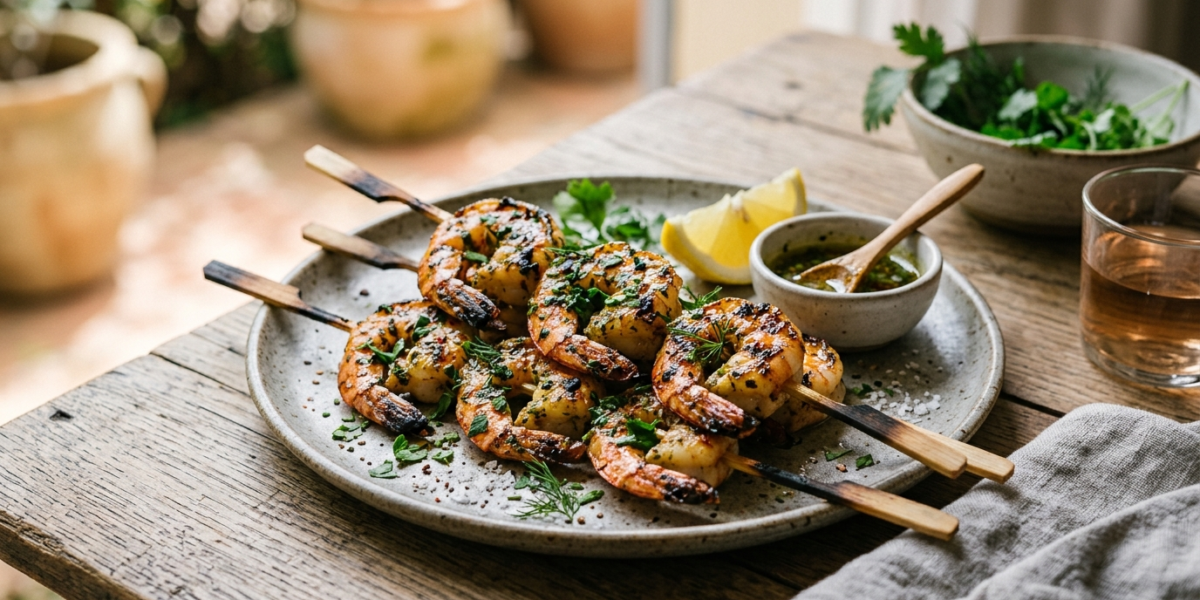 Brochettes de gambas marinées sans gluten et sans lactose