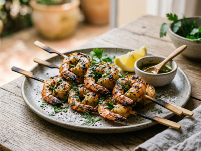 Brochettes de gambas marinées sans gluten et sans lactose