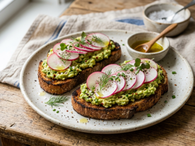 Bruschetta avocat radis sans gluten et sans lactose