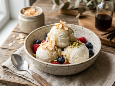 Crème glacée vegan sans soja à la noix de coco et vanille