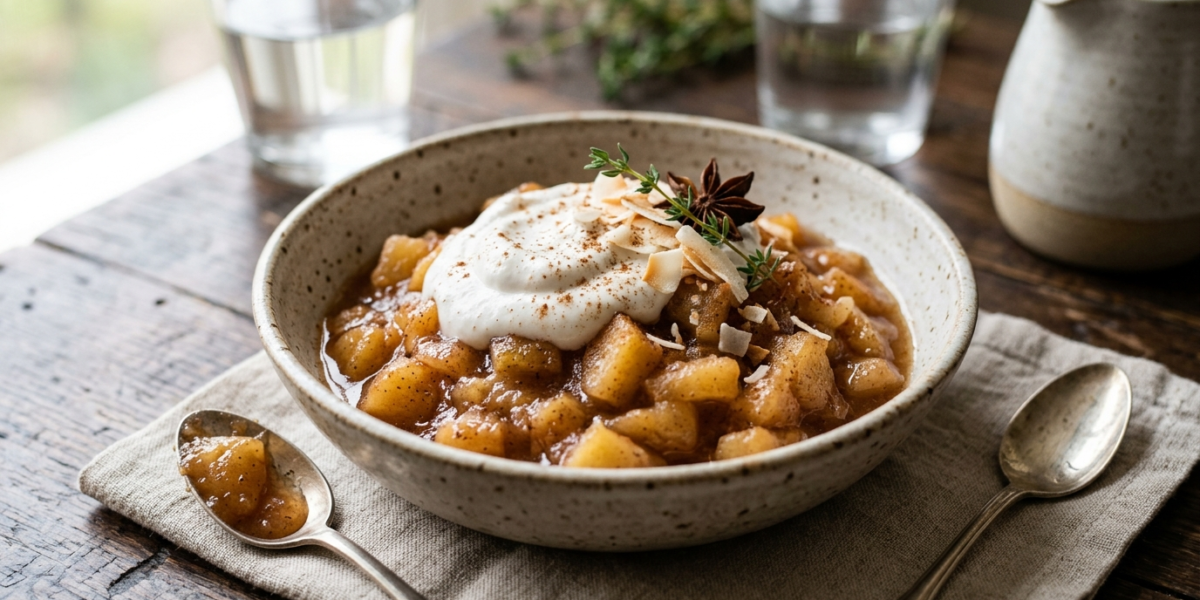 Dessert gourmand à indice glycémique bas sans lactose : compote de pommes à la cannelle et crème de coco
