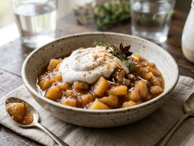 Dessert gourmand à indice glycémique bas sans lactose : compote de pommes à la cannelle et crème de coco