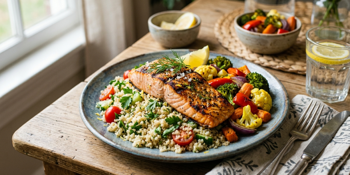 Dîner anti-inflammatoire sans gluten : Saumon grillé, quinoa et légumes rôtis