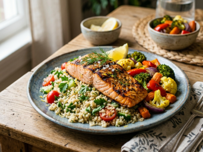 Dîner anti-inflammatoire sans gluten : Saumon grillé, quinoa et légumes rôtis