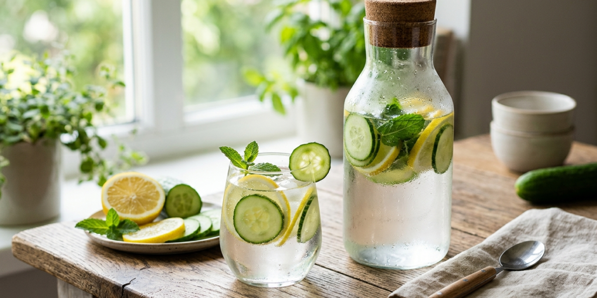 Eau infusée au concombre et citron, sans gluten et sans lactose