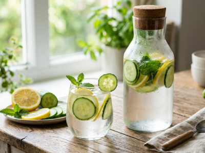 Eau infusée au concombre et citron, sans gluten et sans lactose
